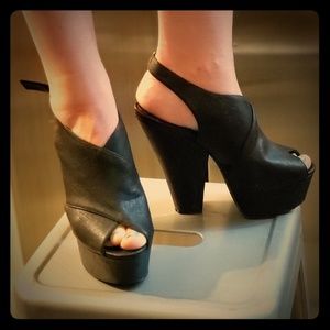 TALL black leather platform heels size 8